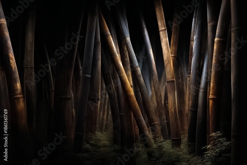 Dark forest with tall bamboo trees. The trees are twisted and bent, creating a sense of mystery and intrigue