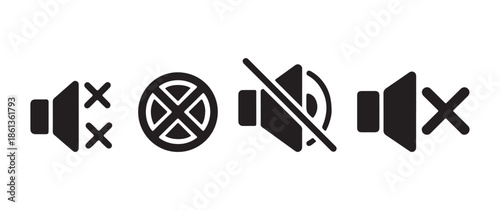 A collection of black and white icons depicting various states of sound and notification settings including muted and silenced options