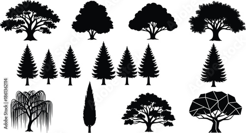 Tree silhouette icon set featuring deciduous and evergreen trees, illustrating forest nature elements for landscaping, environmental design, ecology, and outdoor scenery concepts