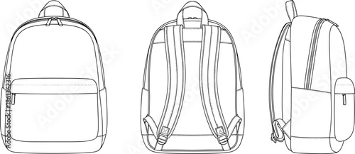 Technical fashion flat sketch of a classic backpack, front back and side view, travel rucksack vector, school bag design template.