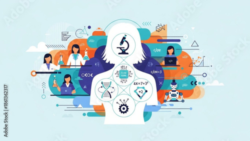 Science and technology concept with scientist woman and various symbols and icons around her