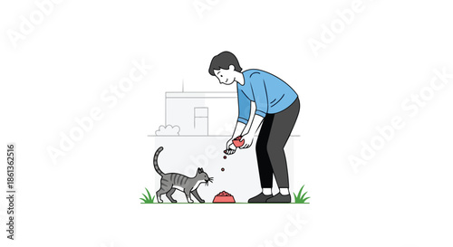 A caring individual gently tending to a tabby cat, offering sustenance from a vibrant red dish in an outdoor setting, symbolizing human-animal