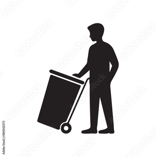 A simple black silhouette depicts a man pushing a hand truck or utility cart showcasing movement and labor