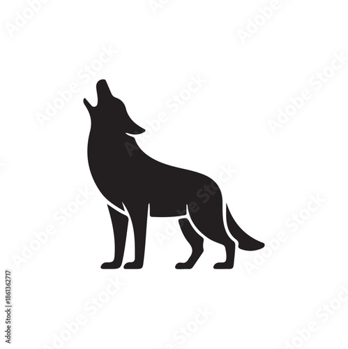 A striking silhouette of a howling wolf stands prominently against a plain white background showcasing its majestic form