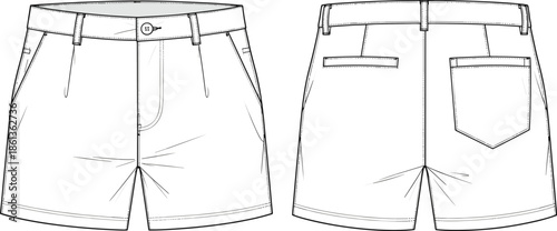 Technical fashion flat sketch of classic chino shorts, front back view, tailored casual men's shorts vector, summer apparel design template.