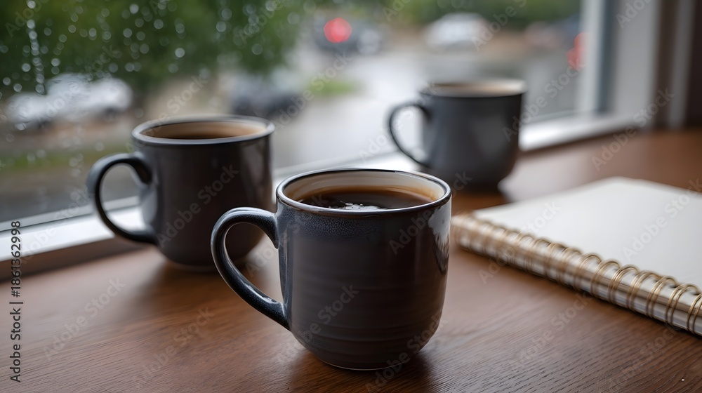 Fototapeta premium Three coffee mugs and a notebook are placed on a wooden surface by a window on a rainy day