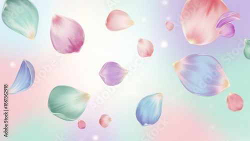 Colorful rose petals floating gently against soft pastel background with sparkles