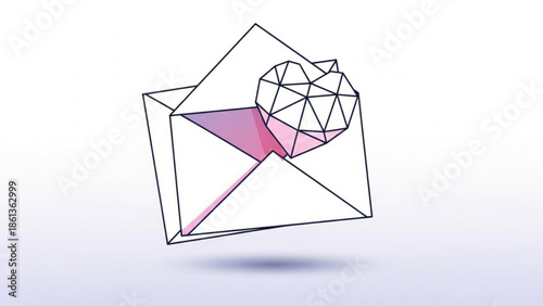 Geometric heart shape emerges from open envelope with pink interior, symbolizing love