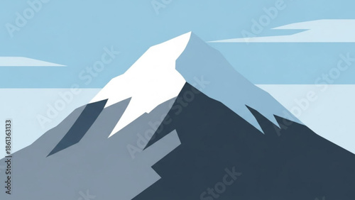 Snowy mountain peak with blue sky and clouds, serene landscape