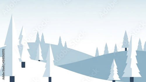 Snowy landscape with stylized pine trees on rolling hills in shades of blue and white