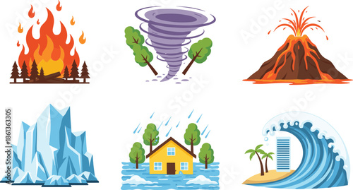 Natural Disaster Icons Set With Fire Tornado Volcano Flood Ice And Tsunami Cartoon Vector Illustration