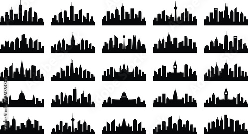 City skyline silhouette icon set featuring urban skylines with skyscrapers and landmarks, representing modern cities, metropolitan architecture, travel, business, and urban landscape concepts