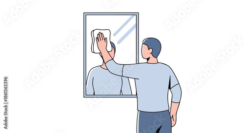 A person cleans a mirror with a cloth, meticulously ensuring a sparkling, streak-free reflective surface