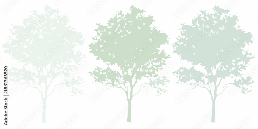 Fototapeta premium Minimalist illustration of three stylized trees in varying shades of green