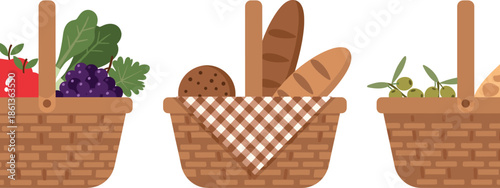 Set of wicker picnic baskets with fresh fruit bread and olives vector illustration isolated on white for harvest.
