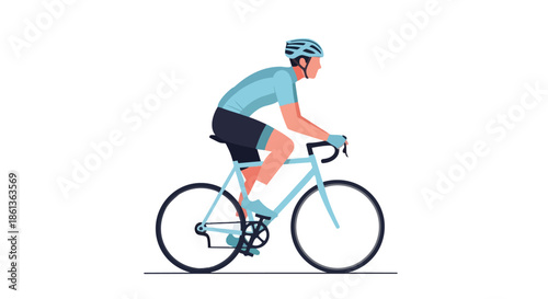 Dynamic illustration of a cyclist in full gear actively pedaling on a light blue road bike representing fitness healthy living and active mobility