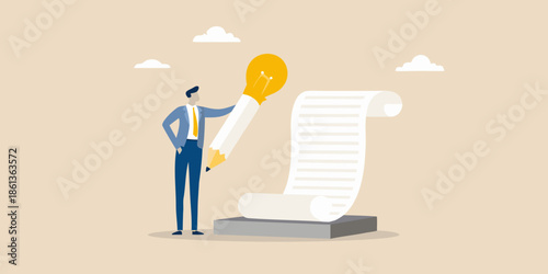 A businessman presenting a bright idea from a rolled up document