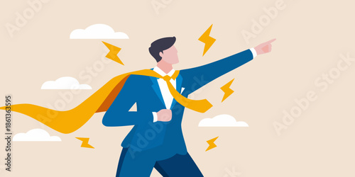 A confident businessman in a suit and cape points forward with determination