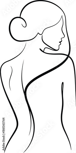 Minimalist continuous line art drawing elegantly depicting the graceful silhouette of a woman viewed from behind looking over her shoulder