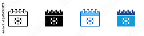 Winter Calendar Multiple Style Icon Design Vector - Calendar with snowflake symbol representing winter season dates, cold weather planning, and seasonal schedules