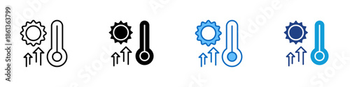 Heat Increase Multiple Style Icon Design Vector - Sun with thermometer and rising arrows representing temperature increase and heat exposure