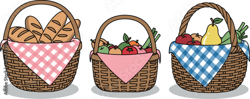 Set of woven harvest baskets with checkered cloths filled with bread fruit and vegetables vector illustration for market.