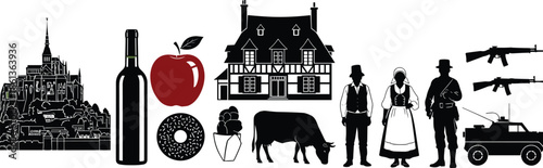 Collection of cultural and lifestyle icons, traditional symbols, architecture, food, people, agriculture, military elements, black silhouette illustration