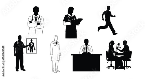 Black silhouettes depict various healthcare professionals and patient interactions