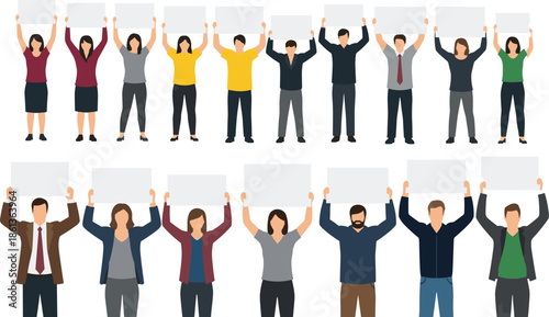 Diverse group of people holding blank placards together, teamwork concept, protest, marketing, communication, community, unity illustration