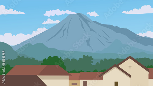 Minimalist flat vector illustration of Mount Merapi volcano in Yogyakarta, Indonesia, featuring a simple mountain landscape design with clean lines.