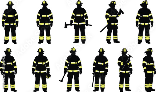 Firefighter silhouettes in protective gear, emergency rescue team illustration, fire safety profession, emergency response workers, heroic service concept