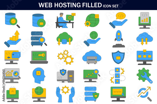 Web hosting filled icon set featuring servers, cloud computing, security, coding, analytics, AI, database, and network management symbols. Perfect for websites, apps, UI design, dashboards, and tech.