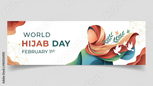 World Hijab Day banner with woman in hijab and doves illustration for social media and awareness campaigns February 1st