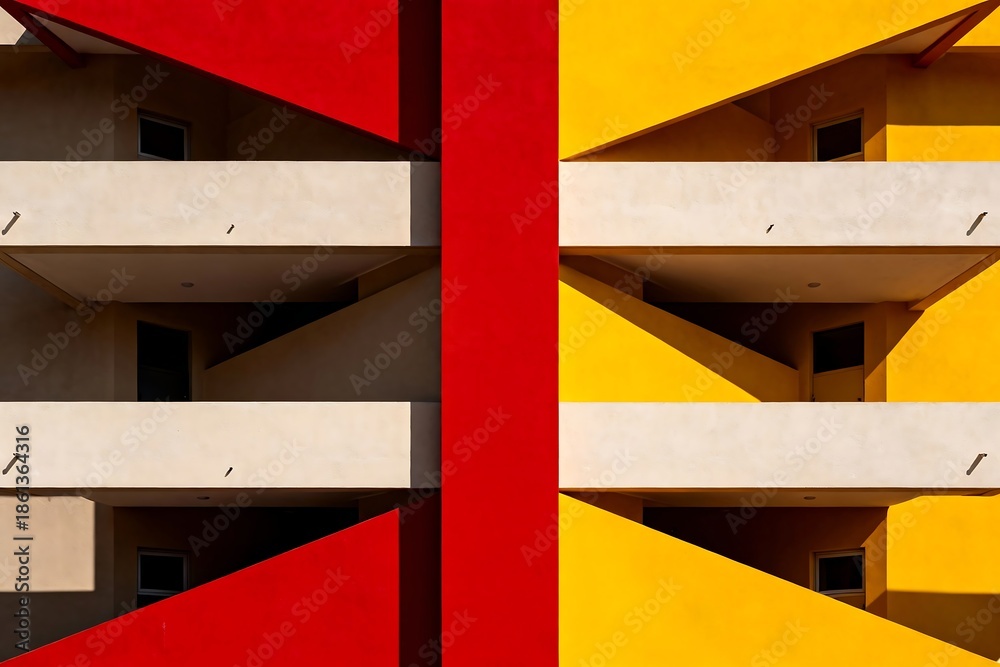 Fototapeta premium Generative AI vibrant modern building facade with bold geometric color blocks and shadow play 3D