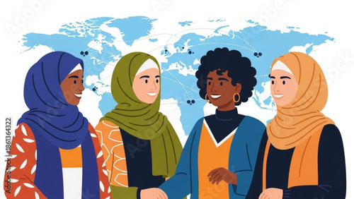 Diverse women in hijab and modern clothing smiling together against a world map background representing global unity and connection