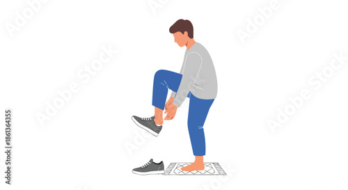 A young man in casual attire meticulously preparing to wear his athletic footwear, showcasing a daily routine of getting ready for an active day