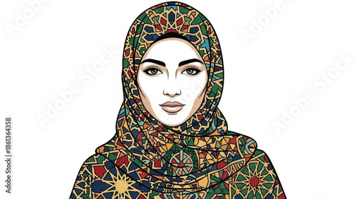 Portrait of a woman wearing a colorful patterned hijab Islamic fashion illustration elegant cultural representation for design