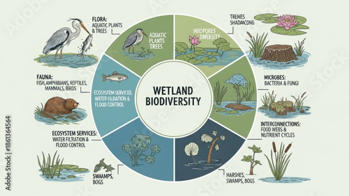 Wetland biodiversity infographic showing flora fauna ecosystem services and interconnections for environmental education and conservati