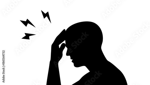 Headache and Migraine Silhouette Man Touching Head with Lightning Bolt Pain Symbols Vector