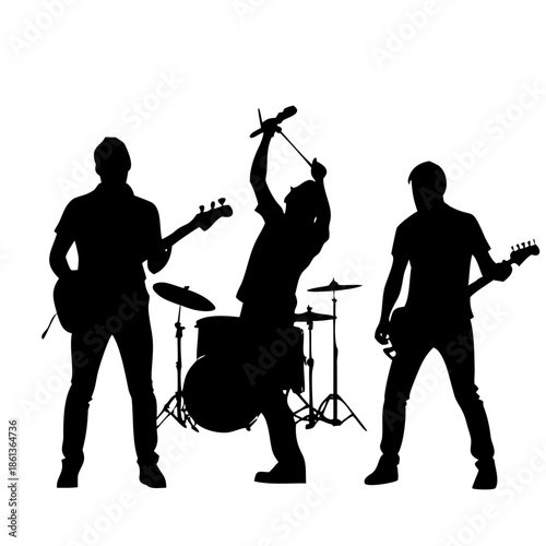 Rock Band Concert Silhouette with Singer Drummer Guitarist and Cheering Crowd Vector
