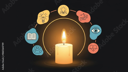Burning candle with surrounding icons representing ideas knowledge and life concept for inspiration and creativity vector illustration