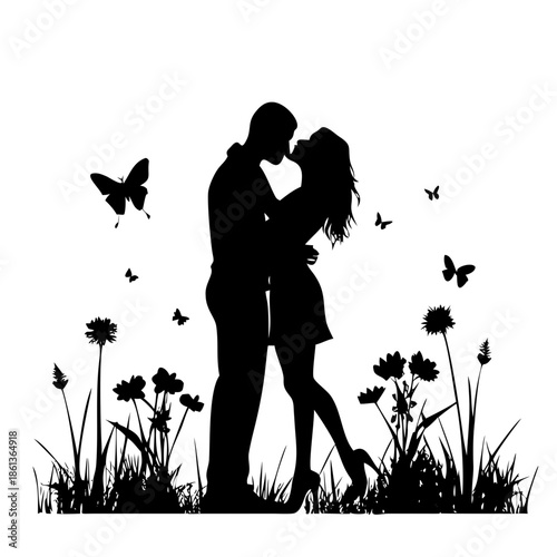 Romantic Kissing Couple Silhouette in Nature Meadow with Butterflies Vector Illustration