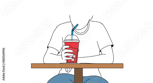 Minimalist line art of a person sitting at a table, holding a vibrant red cup with a blue straw, enjoying a cold beverage. A refreshing simple