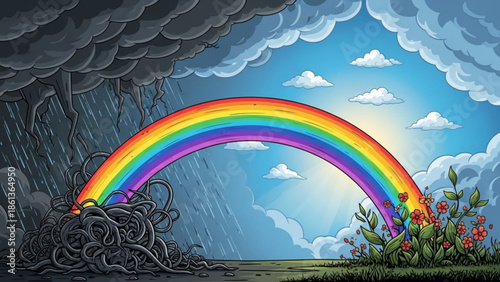 Rainbow arching over stormy clouds and sunny sky symbolizing hope after adversity vector illustration