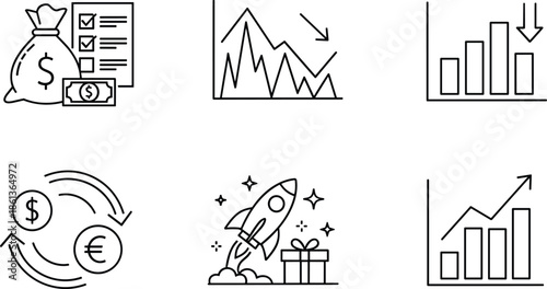 Finance and business analytics line icons set money exchange profit loss growth startup outline vector illustration