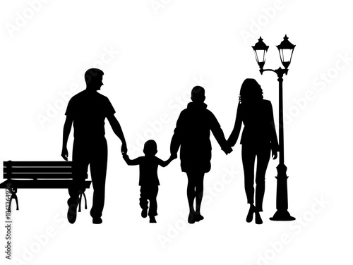 Family Walk in Park Silhouette with Tree Bench and Birds Vector Illustration