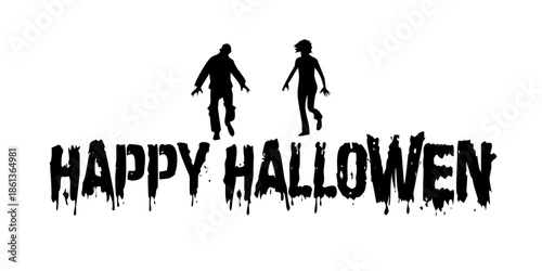 Happy Halloween Text with Scary Zombie Silhouettes Horror Party Vector Design