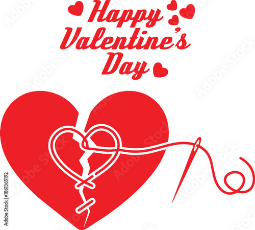 Valentine broken heart mended with needle and thread love