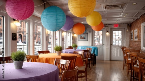 Party room in restaurant with birthday setup