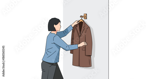 Neatly organizing a warm brown coat on a sturdy wooden wall hook, a simple yet effective way to maintain everyday tidiness and order in a neat